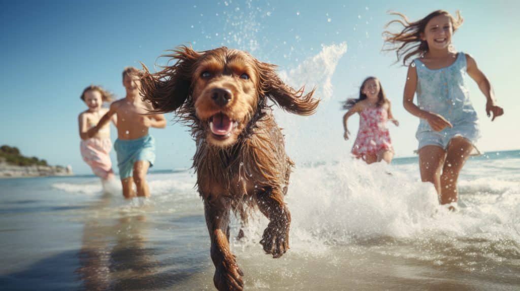 Camping Le Floride Le Barcarès (66) : Happy Children With Dog On The Beach. Camping And Travel Concept